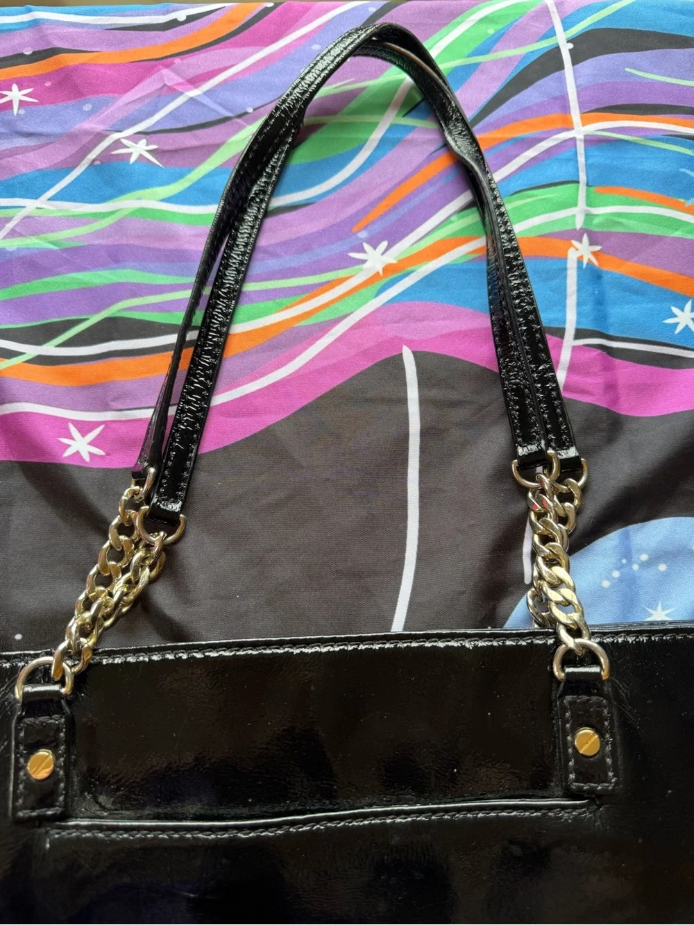 Michael Kors Black Patent Leather Shoulder Tote with Gold Chain Straps